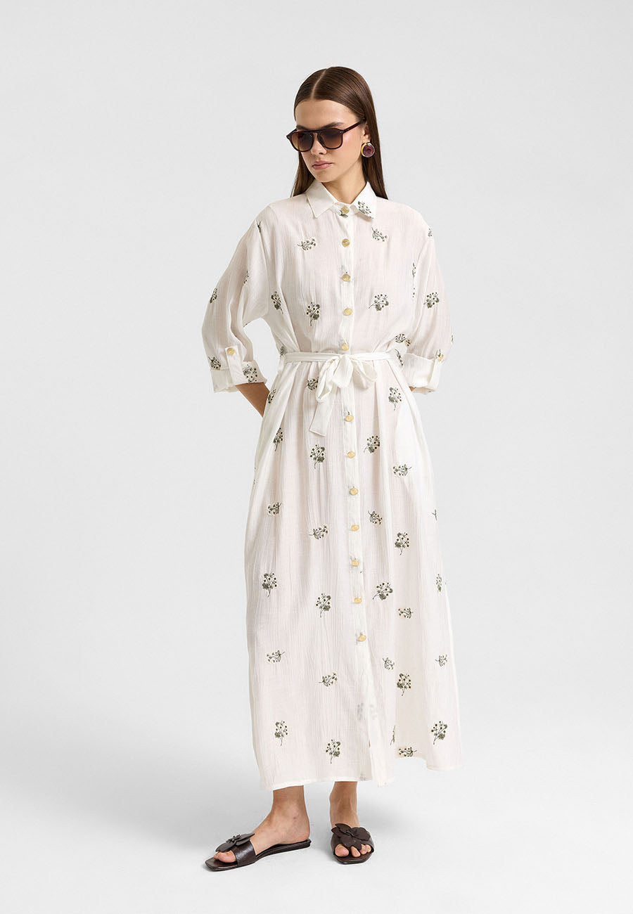 Sümbül Çiçek Gömlek Elbise Ekru-RS265390