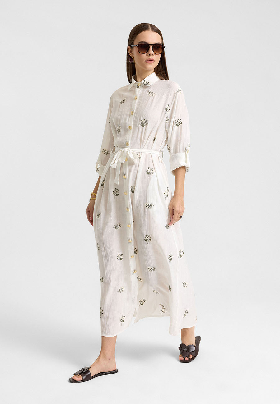 Sümbül Çiçek Gömlek Elbise Ekru-RS265390