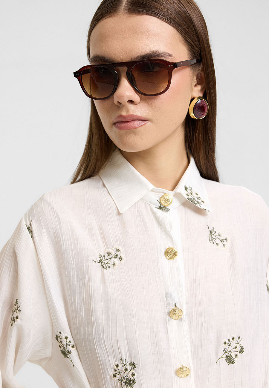 Sümbül Çiçek Gömlek Elbise Ekru-RS265390