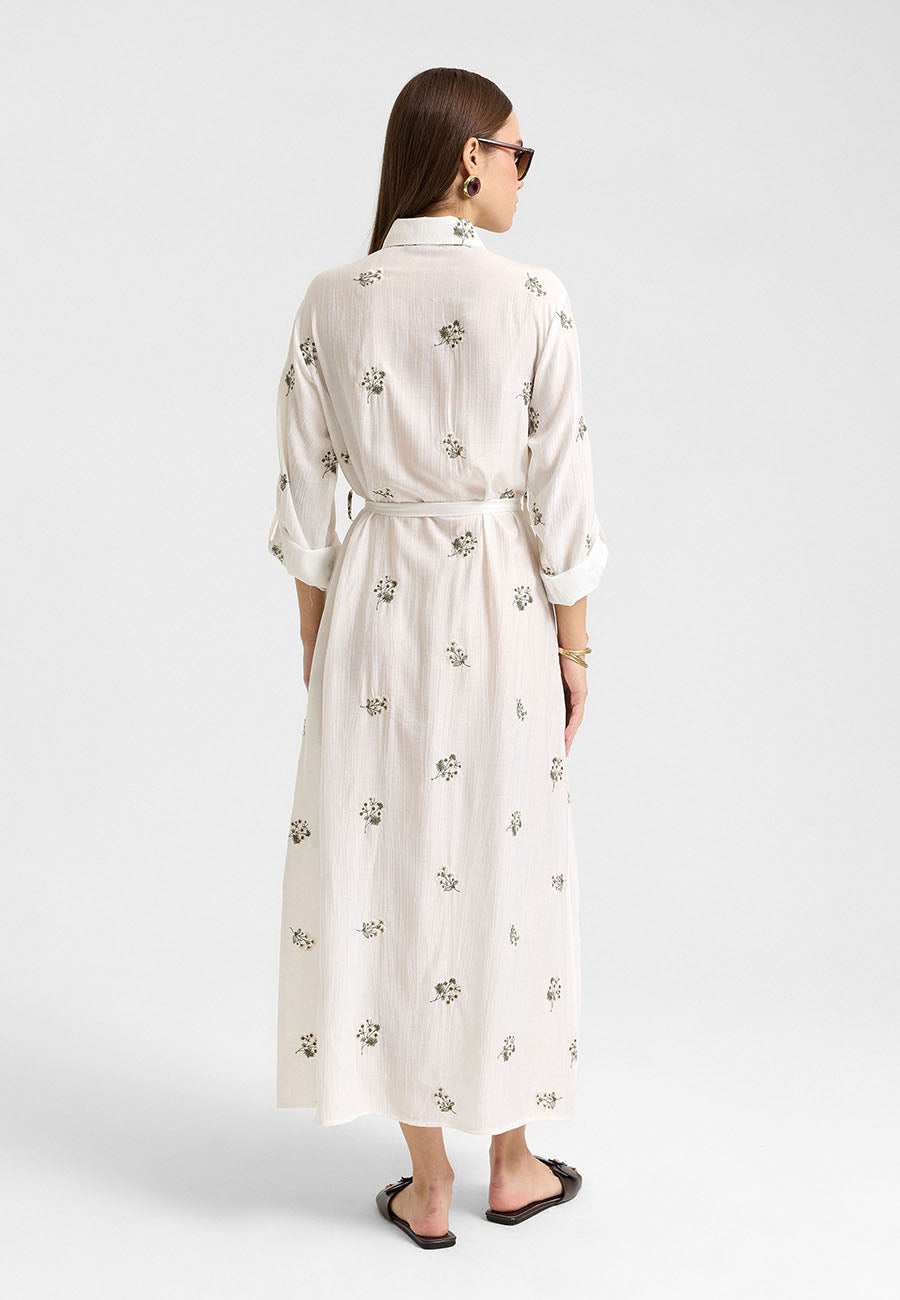 Sümbül Çiçek Gömlek Elbise Ekru-RS265390