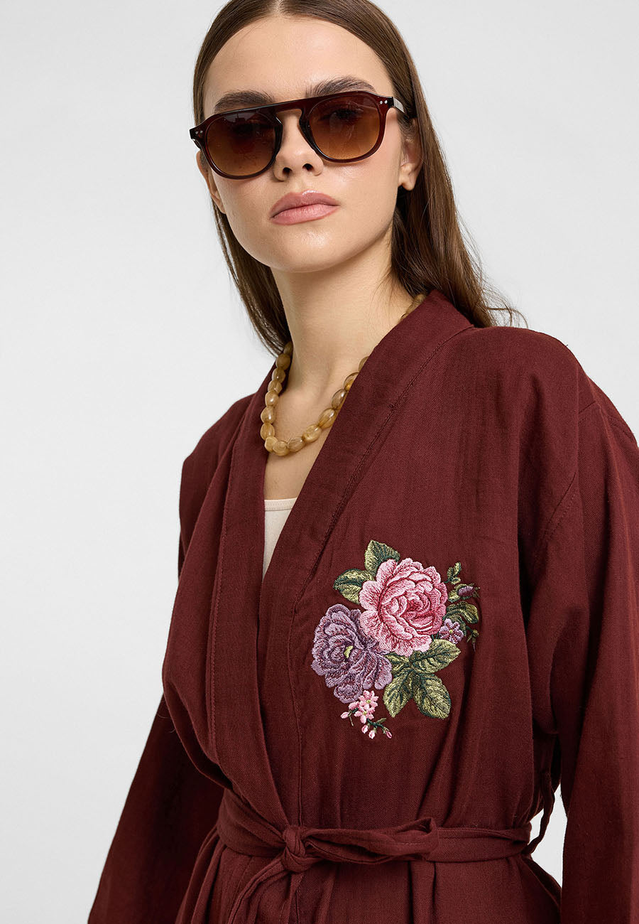 Nakış İşlemeli Pamuklu Sabahlık Bordo -RS26NK0273
