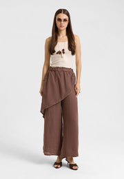Asimetrik Katlı Keten Pantolon Kahve-RS265871
