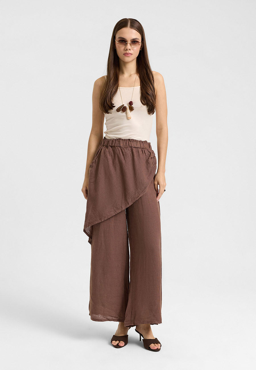 Asimetrik Katlı Keten Pantolon Kahve-RS265871
