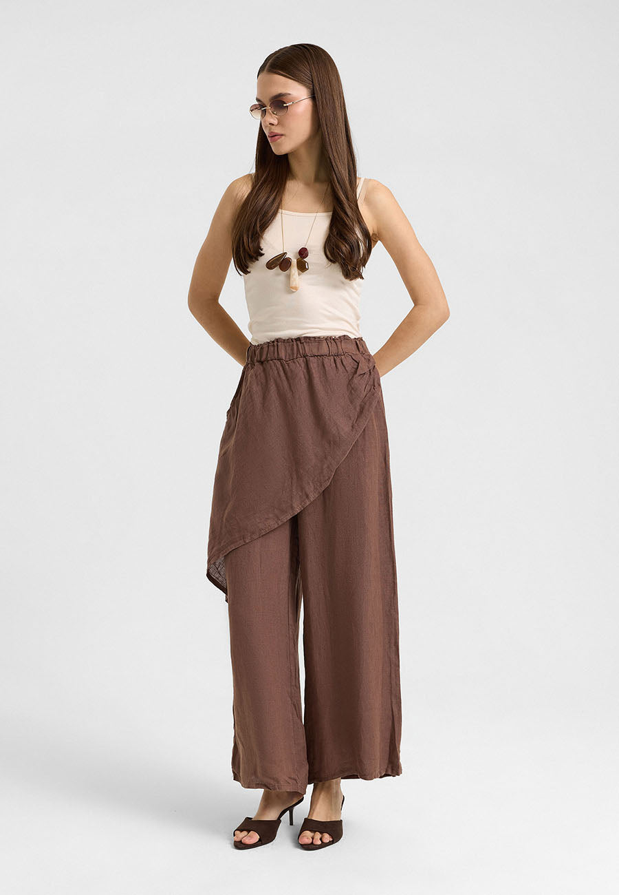 Asimetrik Katlı Keten Pantolon Kahve-RS265871