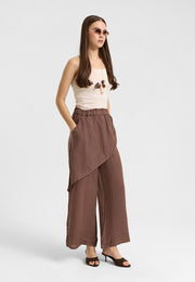 Asimetrik Katlı Keten Pantolon Kahve-RS265871