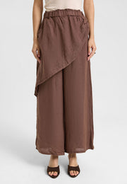 Asimetrik Katlı Keten Pantolon Kahve-RS265871