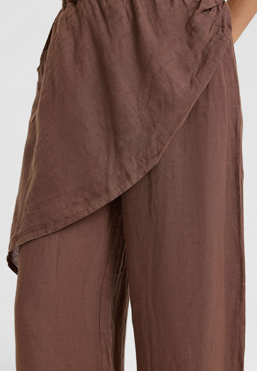 Asimetrik Katlı Keten Pantolon Kahve-RS265871