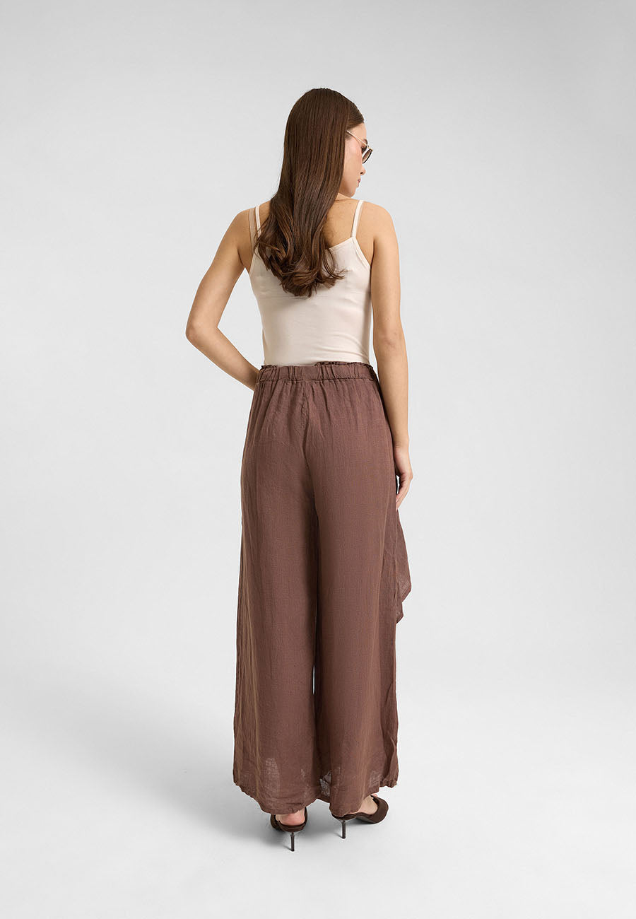 Asimetrik Katlı Keten Pantolon Kahve-RS265871