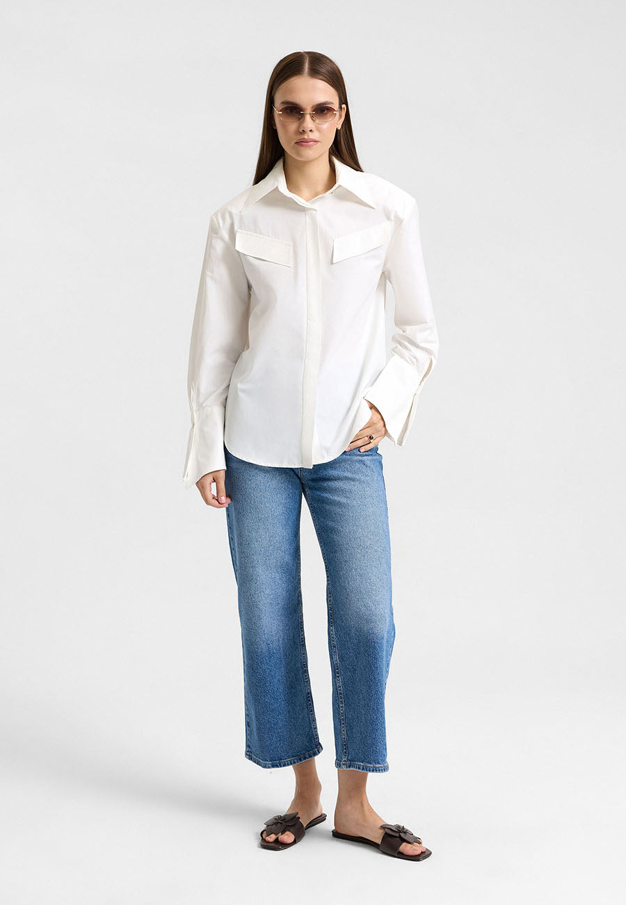 Vatkalı Oversize Beyaz  Gömlek-RS11257