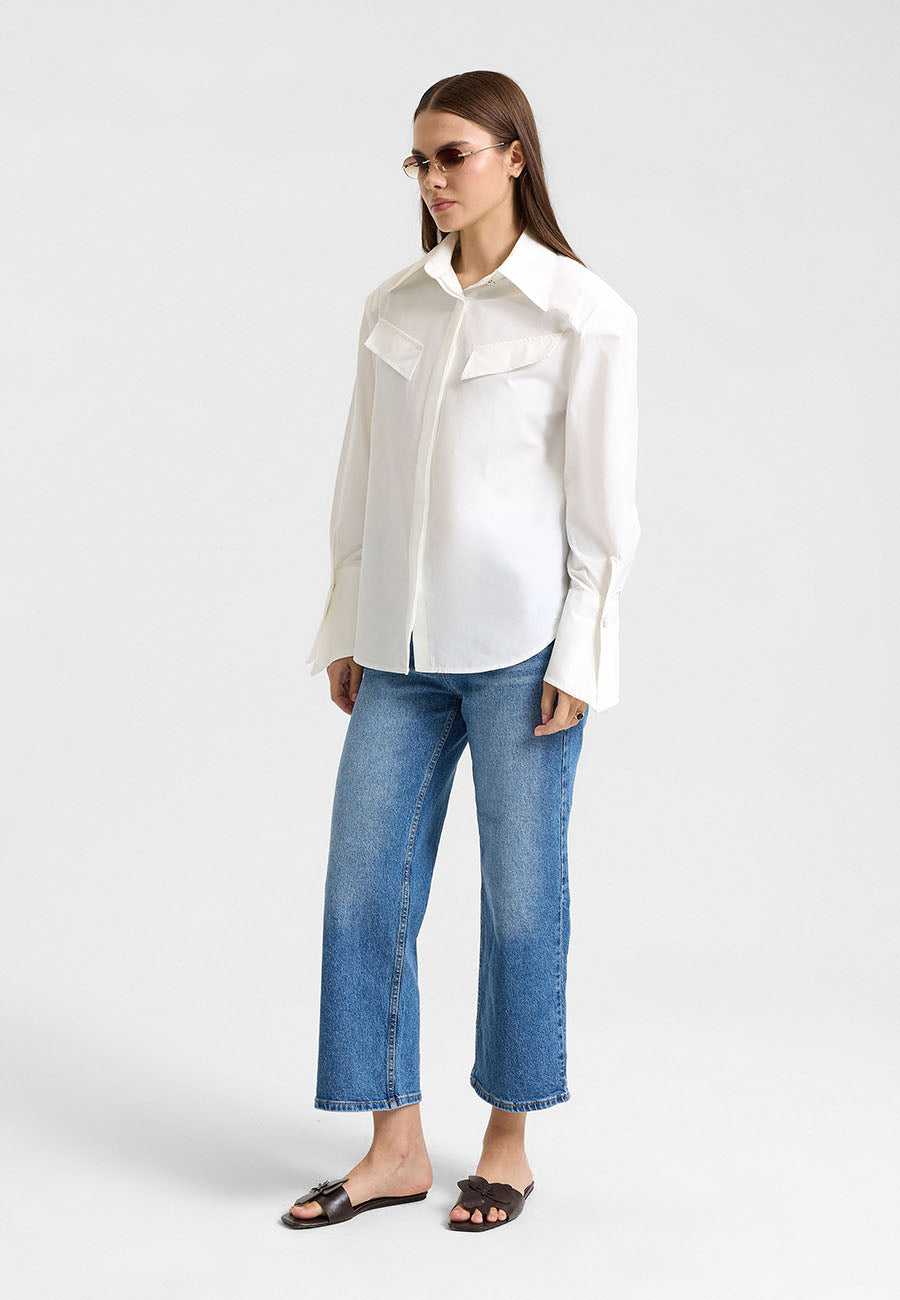Vatkalı Oversize Beyaz  Gömlek-RS11257