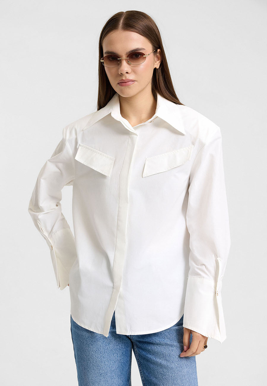 Vatkalı Oversize Beyaz  Gömlek-RS11257