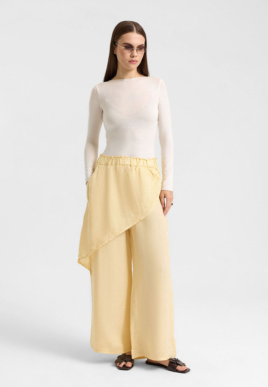 Asimetrik Katlı Keten Pantolon Sarı-RS265871