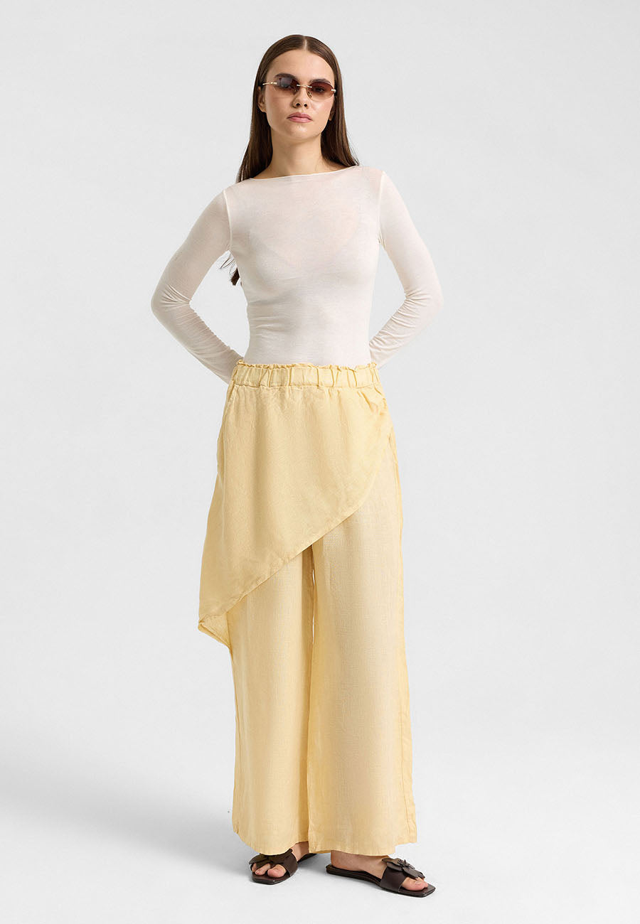 Asimetrik Katlı Keten Pantolon Sarı-RS265871
