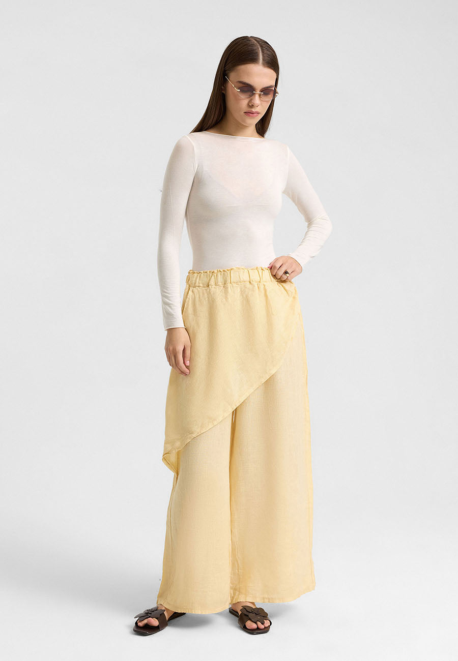 Asimetrik Katlı Keten Pantolon Sarı-RS265871