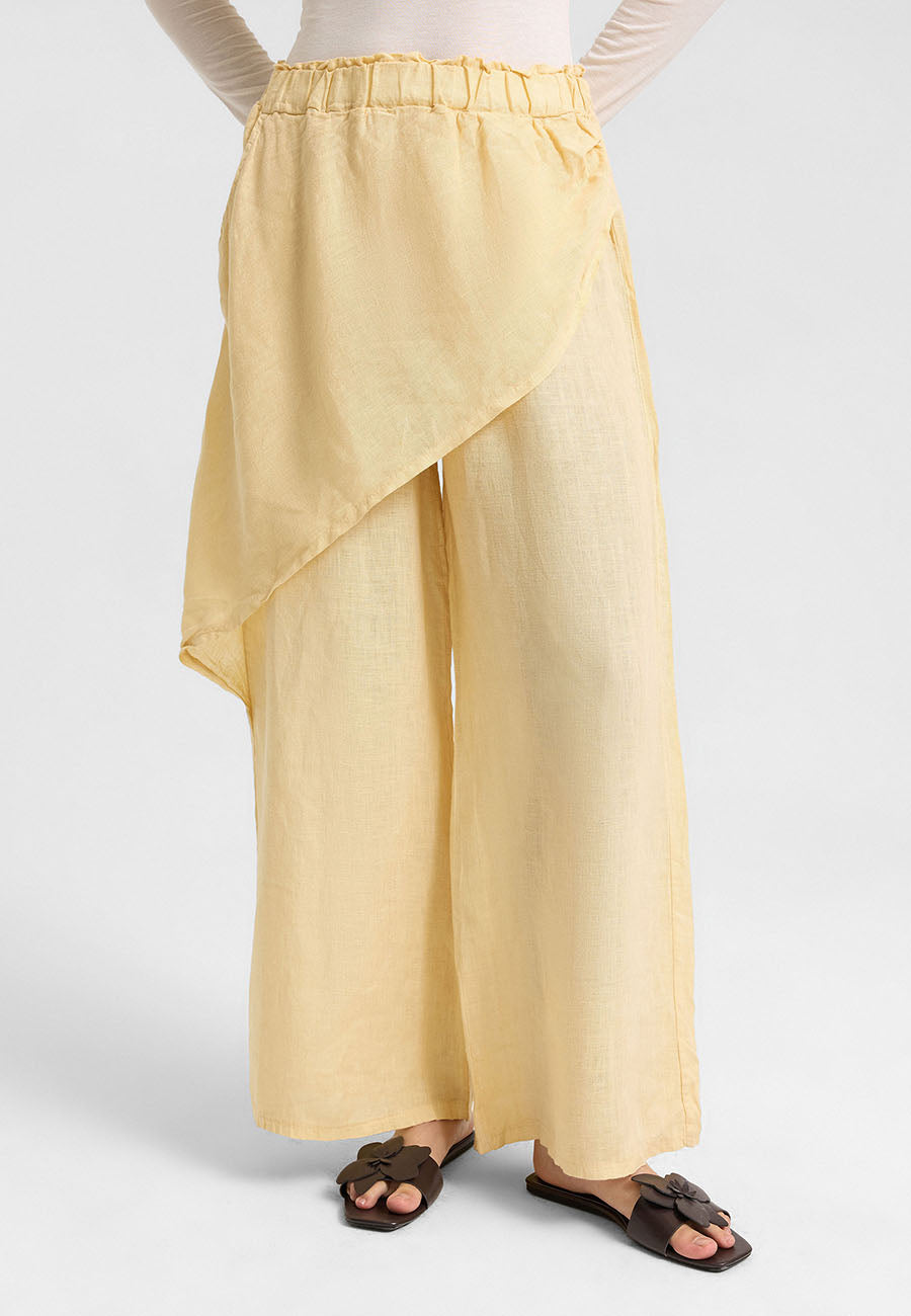 Asimetrik Katlı Keten Pantolon Sarı-RS265871