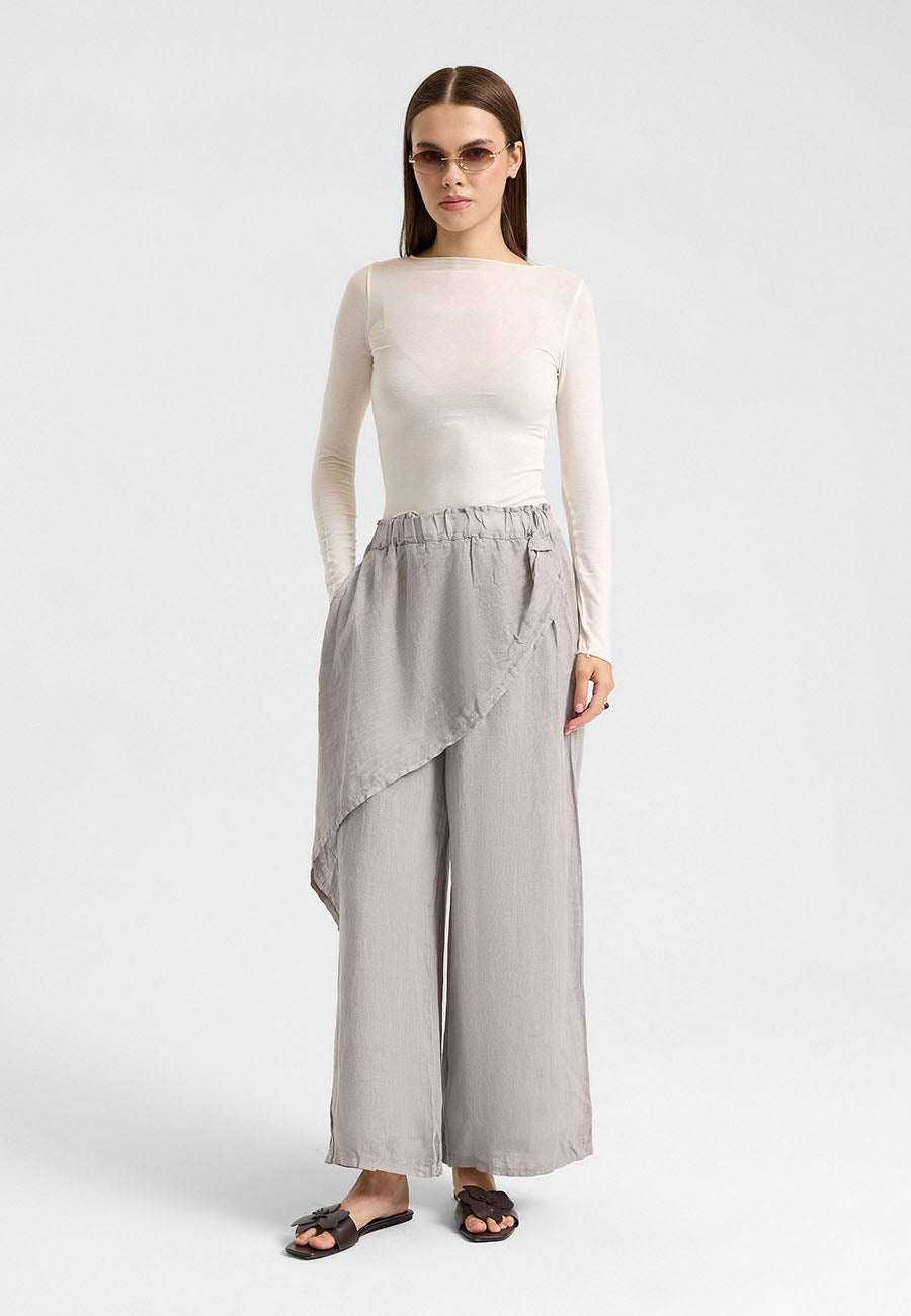 Asimetrik Katlı Keten Pantolon Gri-RS265871