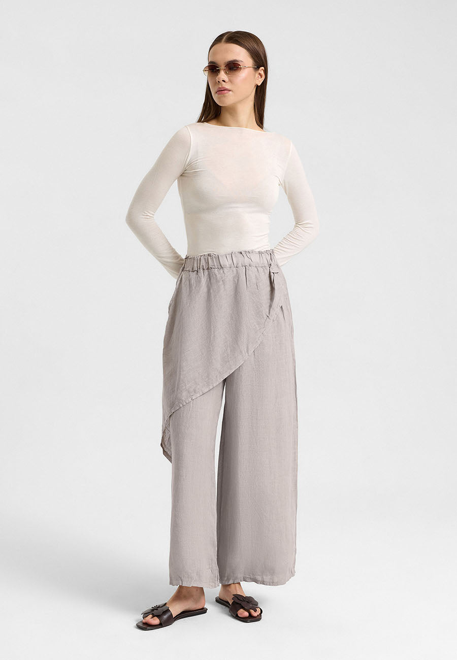 Asimetrik Katlı Keten Pantolon Gri-RS265871