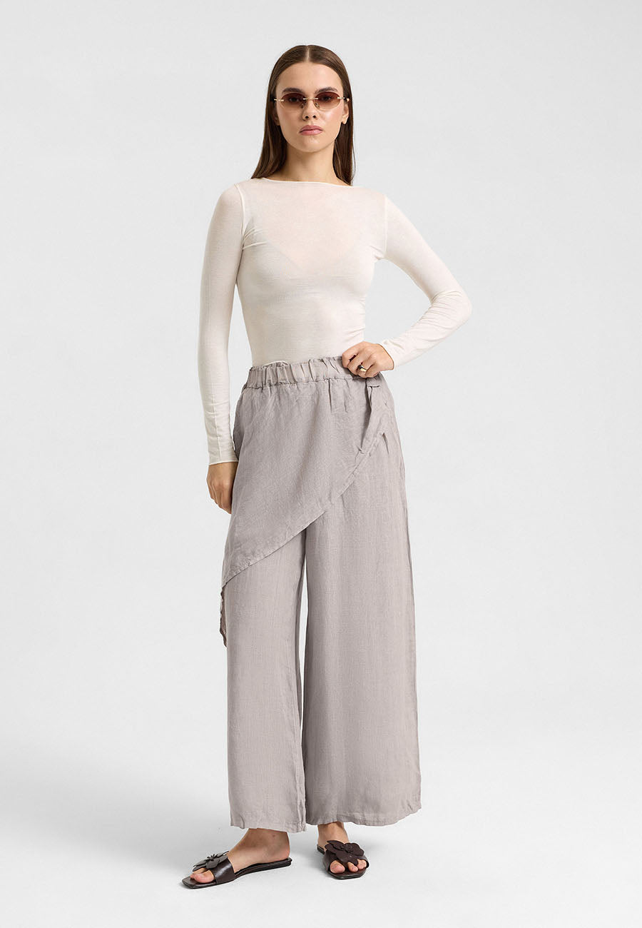Asimetrik Katlı Keten Pantolon Gri-RS265871