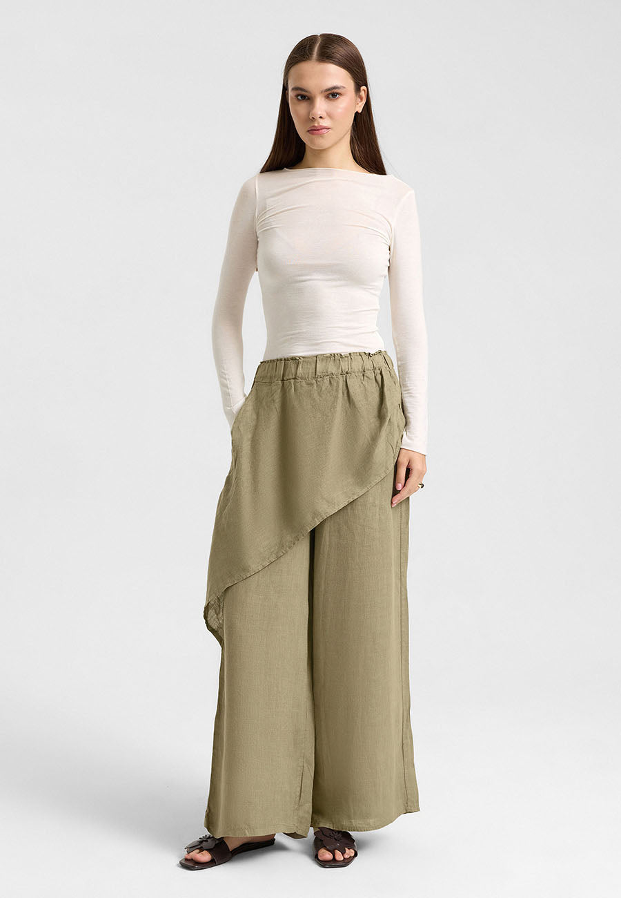 Asimetrik Katlı Keten Pantolon Haki-RS265871
