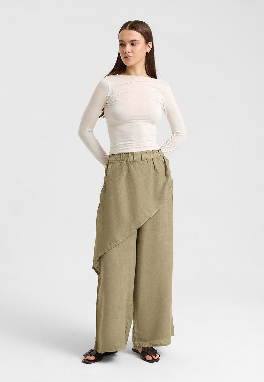 Asimetrik Katlı Keten Pantolon Haki-RS265871
