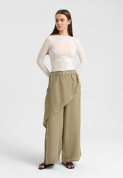 Asimetrik Katlı Keten Pantolon Haki-RS265871