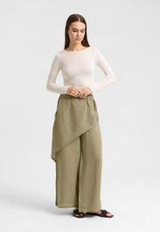 Asimetrik Katlı Keten Pantolon Haki-RS265871