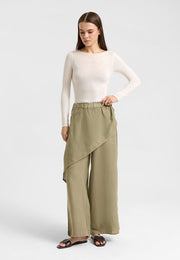 Asimetrik Katlı Keten Pantolon Haki-RS265871