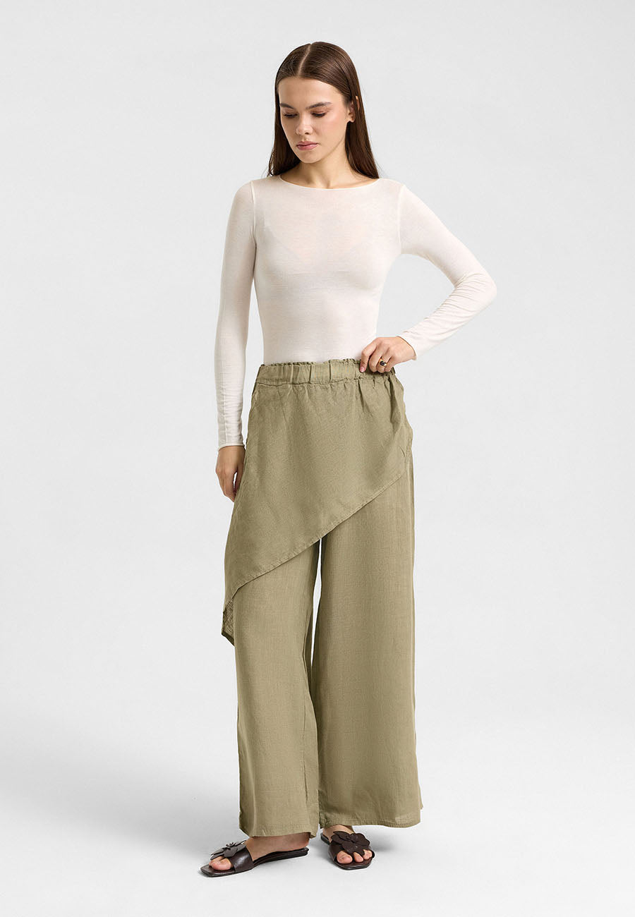 Asimetrik Katlı Keten Pantolon Haki-RS265871