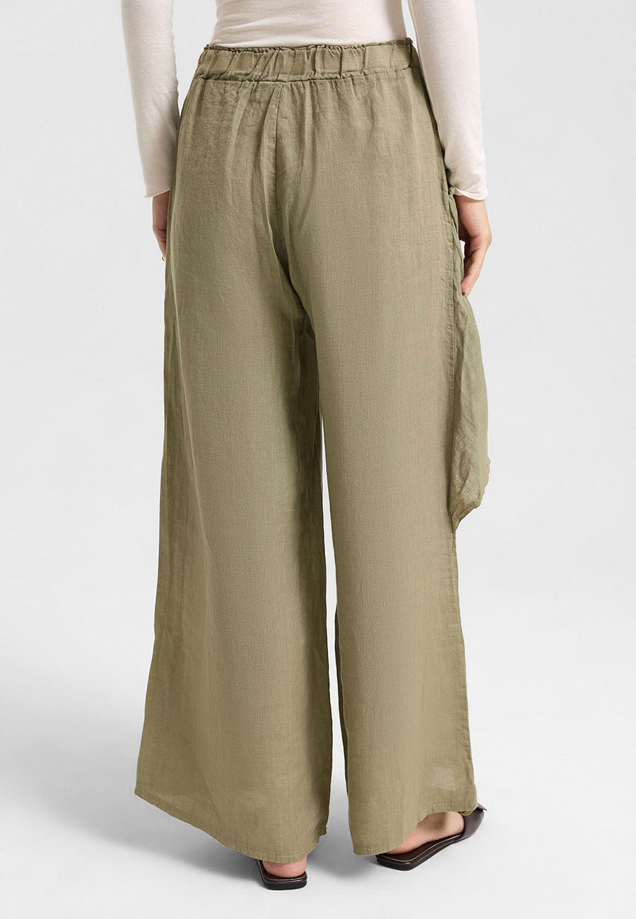 Asimetrik Katlı Keten Pantolon Haki-RS265871