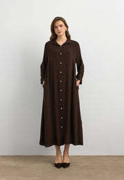 Basic Uzun Düğmeli Gömlek Elbise Kahve