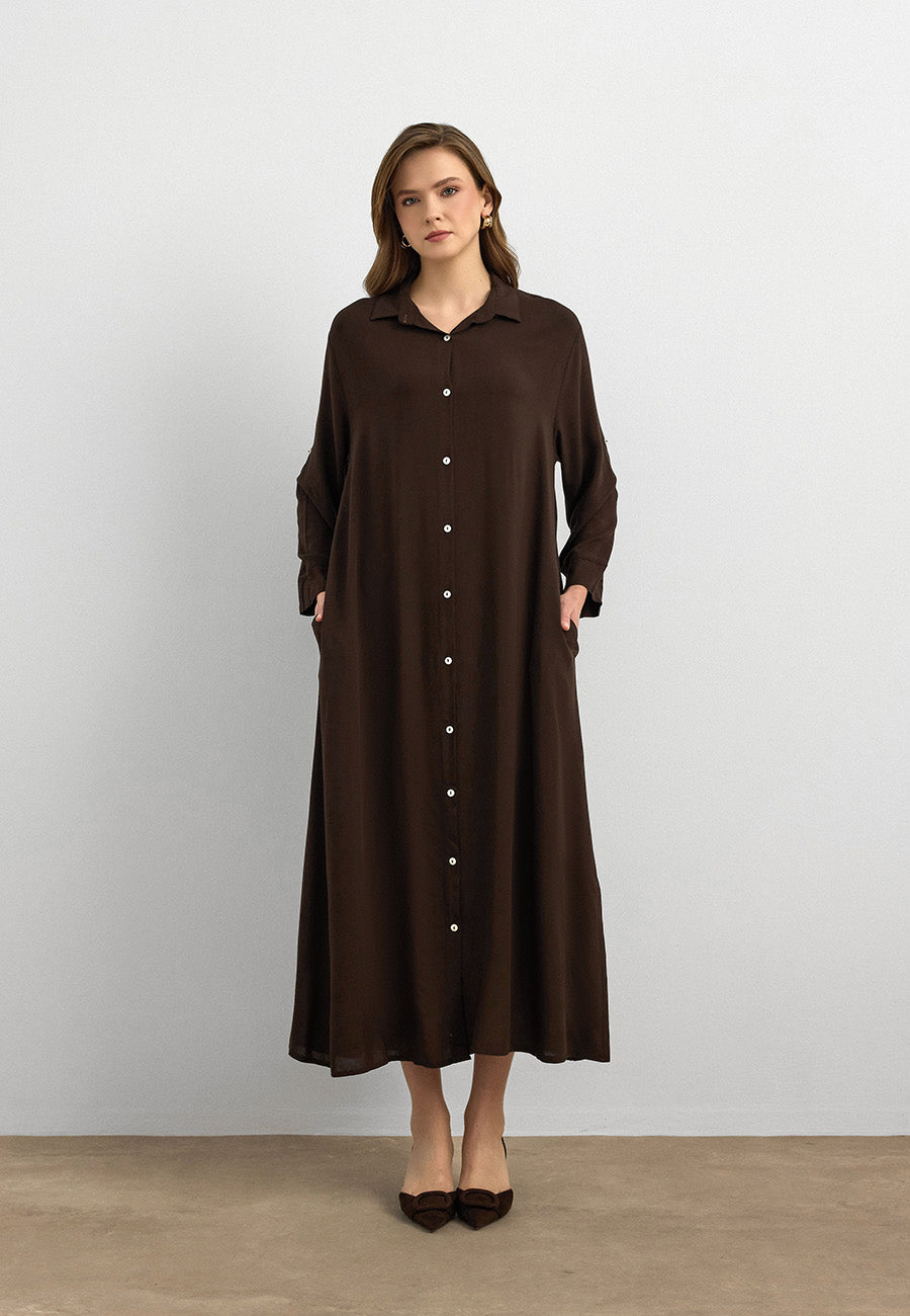 Basic Uzun Düğmeli Gömlek Elbise Kahve