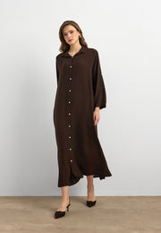 Basic Uzun Düğmeli Gömlek Elbise Kahve