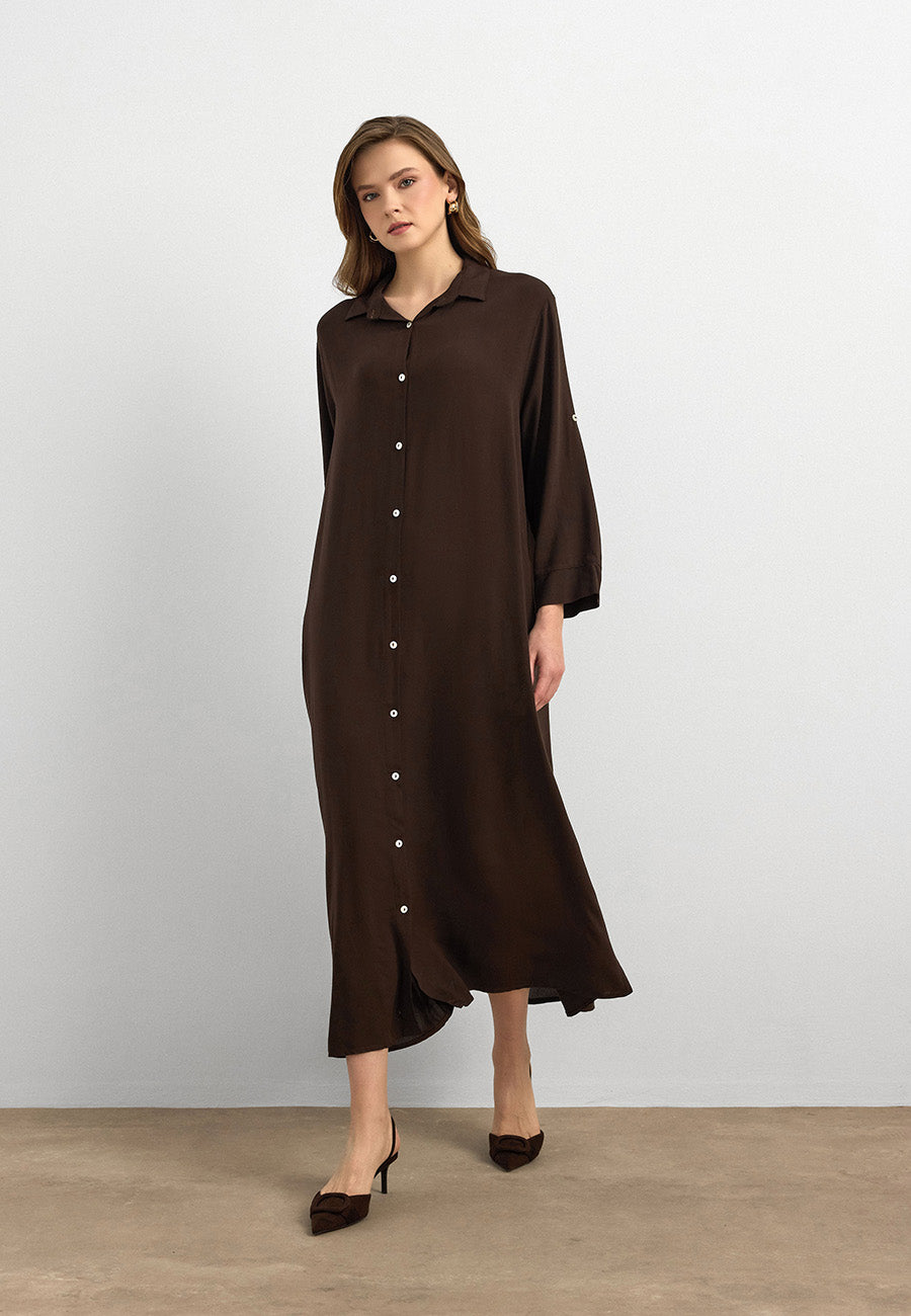 Basic Uzun Düğmeli Gömlek Elbise Kahve