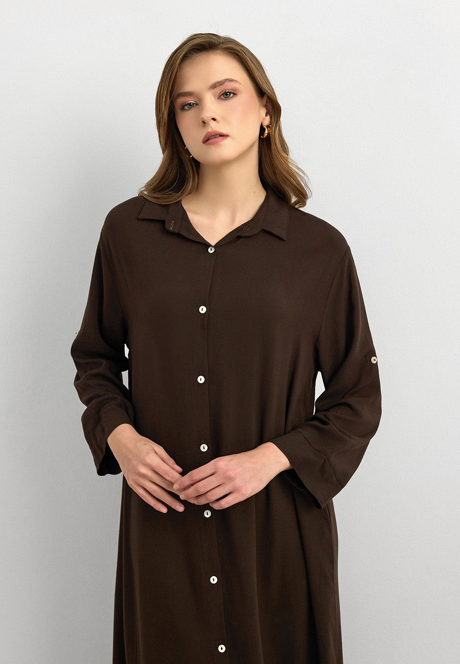 Basic Uzun Düğmeli Gömlek Elbise Kahve