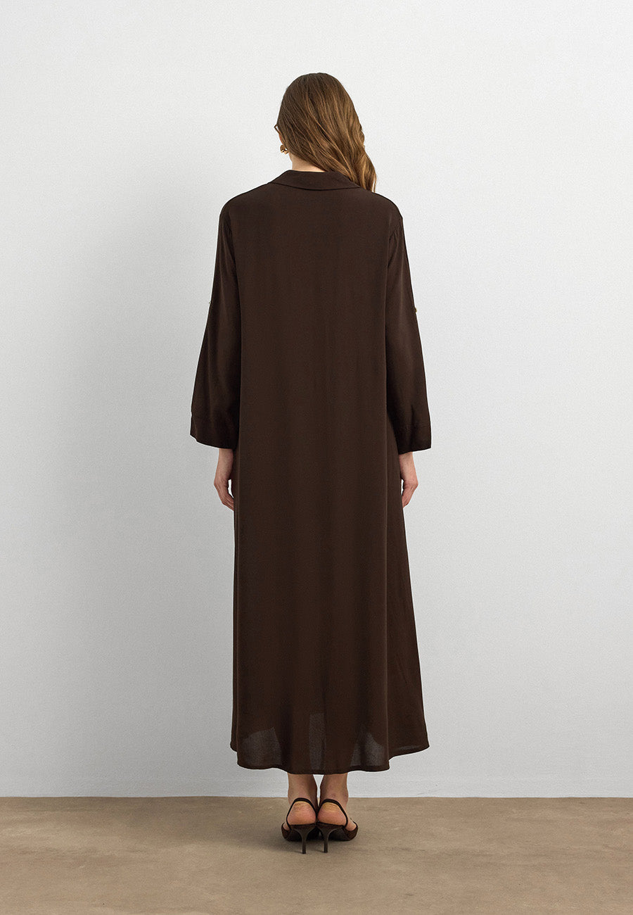 Basic Uzun Düğmeli Gömlek Elbise Kahve