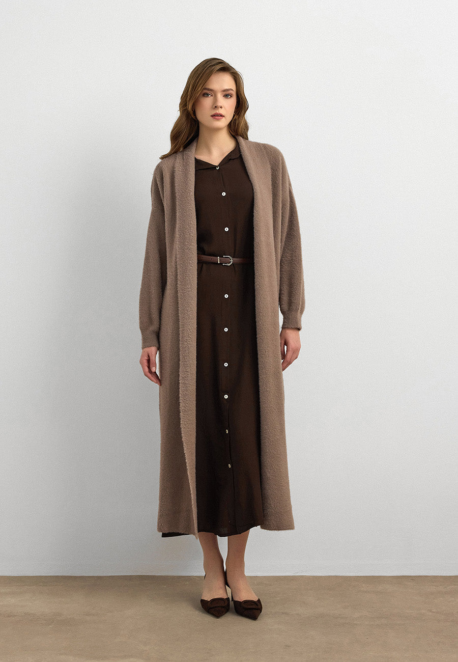 Sakal İplik Model Uzun Hırka Vizon