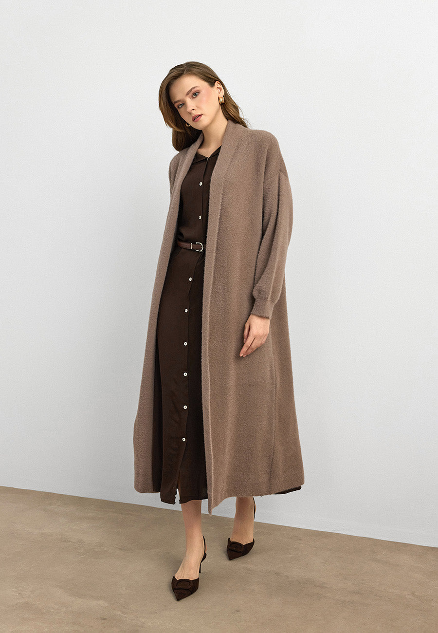 Sakal İplik Model Uzun Hırka Vizon