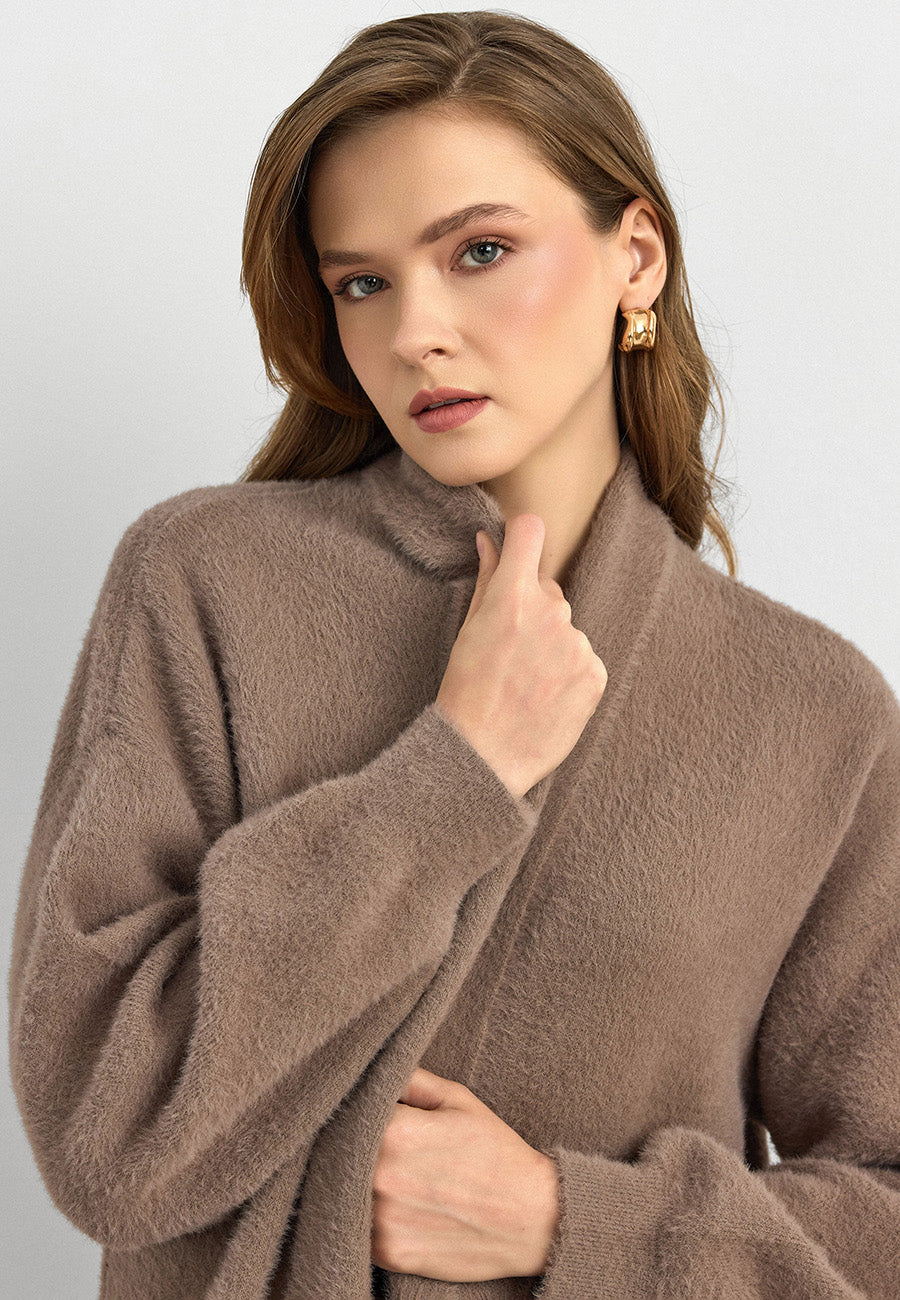 Sakal İplik Model Uzun Hırka Vizon