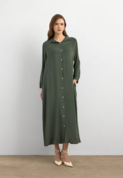Basic Uzun Düğmeli Gömlek Elbise Haki