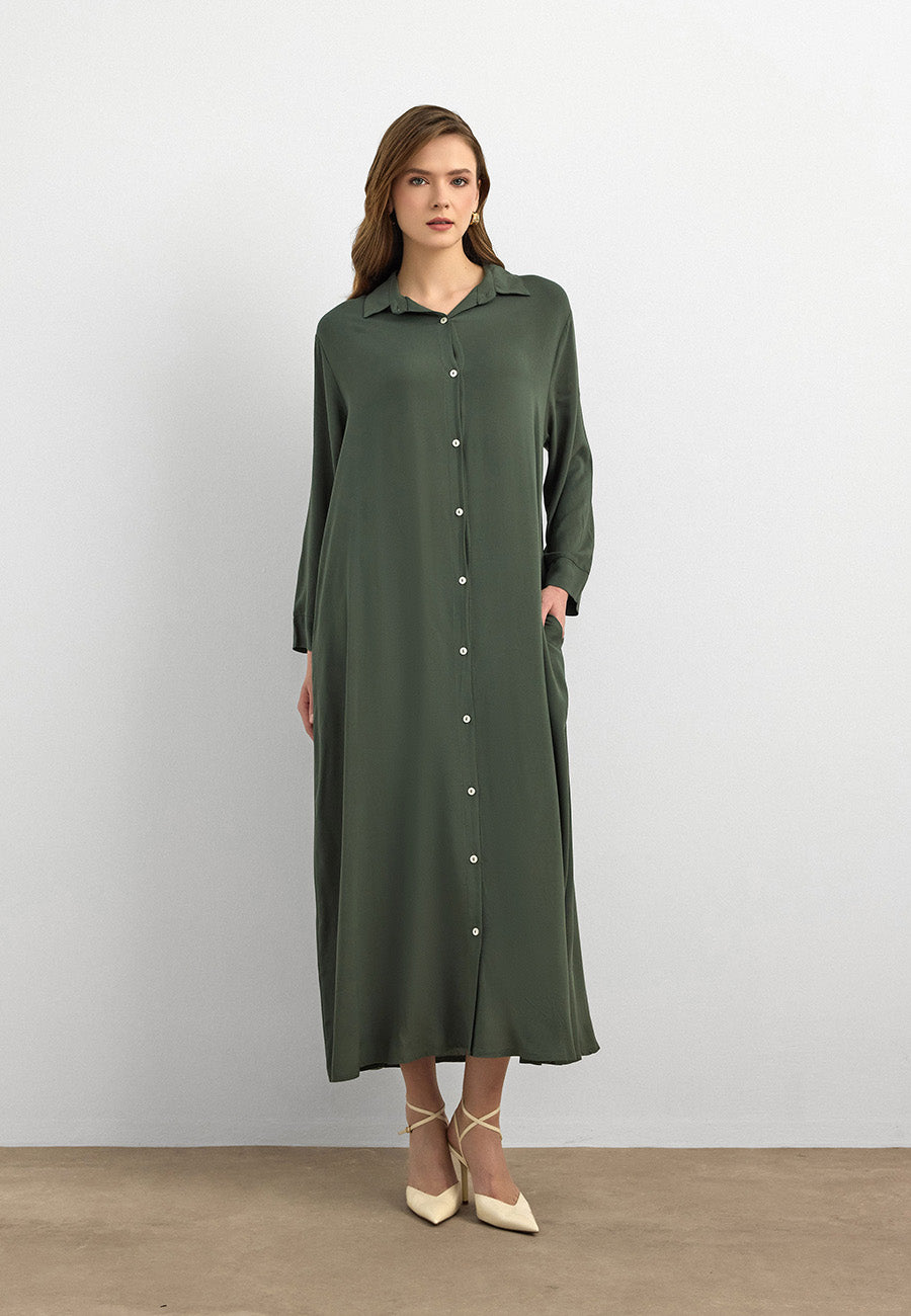 Basic Uzun Düğmeli Gömlek Elbise Haki