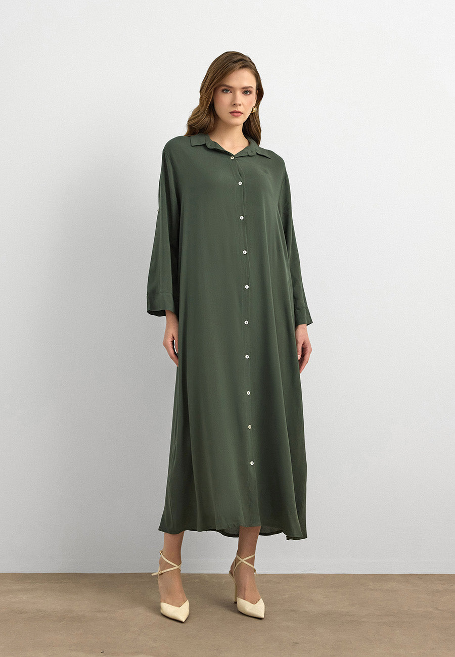 Basic Uzun Düğmeli Gömlek Elbise Haki