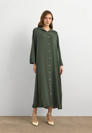 Basic Uzun Düğmeli Gömlek Elbise Haki