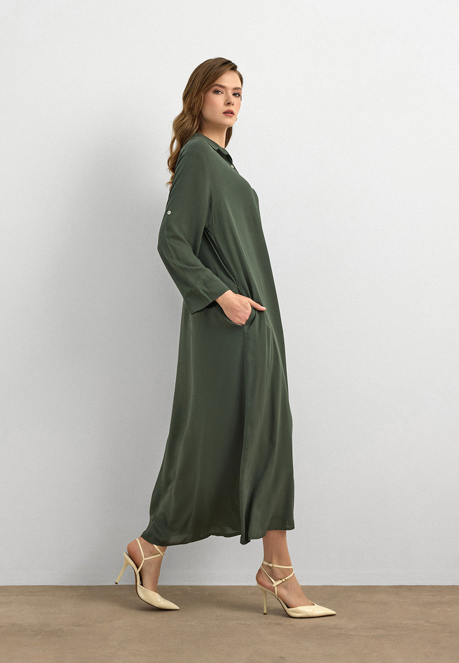 Basic Uzun Düğmeli Gömlek Elbise Haki