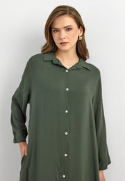 Basic Uzun Düğmeli Gömlek Elbise Haki