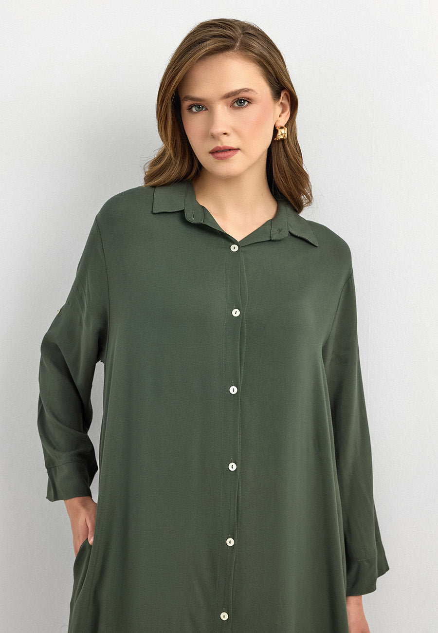 Basic Uzun Düğmeli Gömlek Elbise Haki