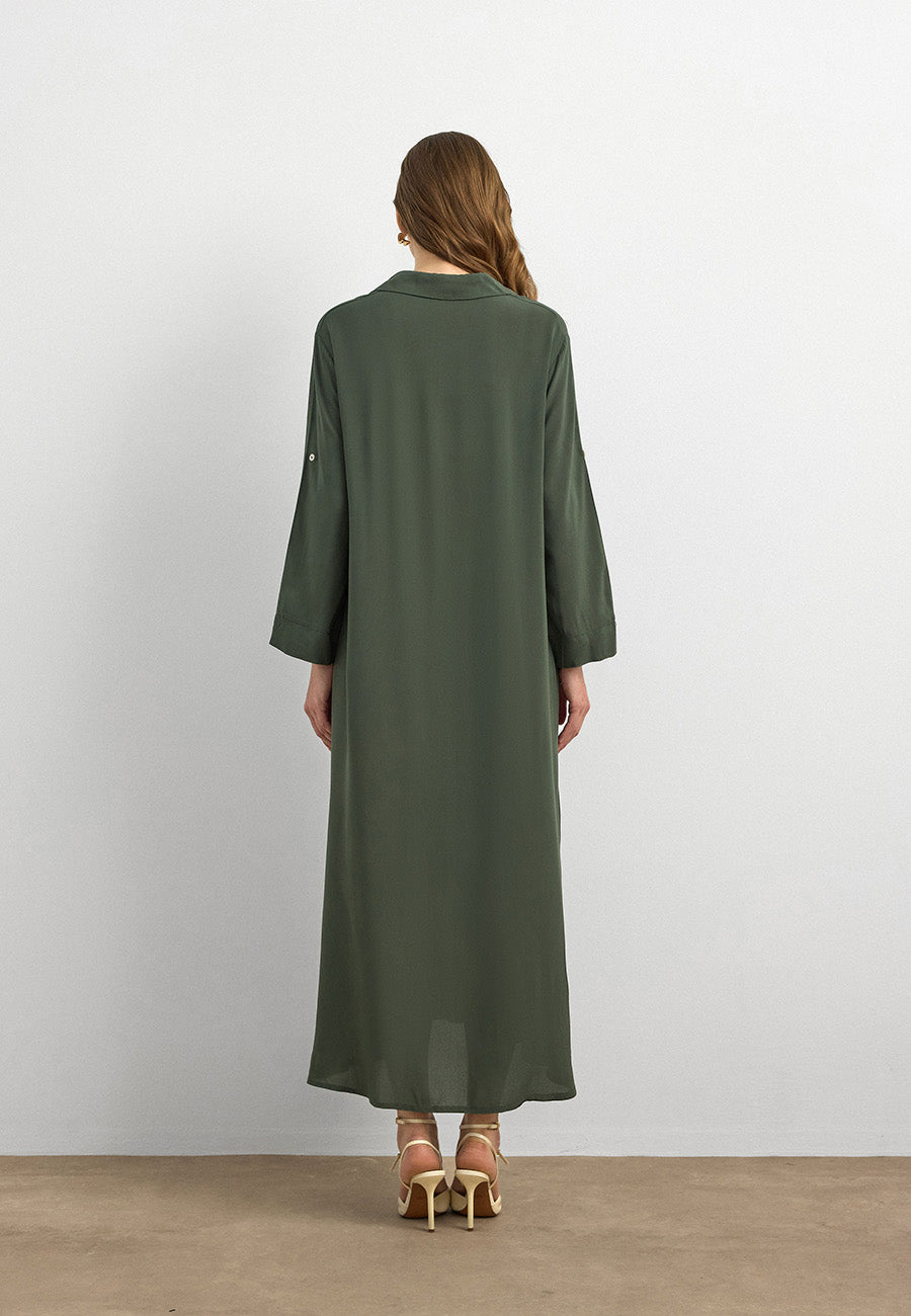 Basic Uzun Düğmeli Gömlek Elbise Haki