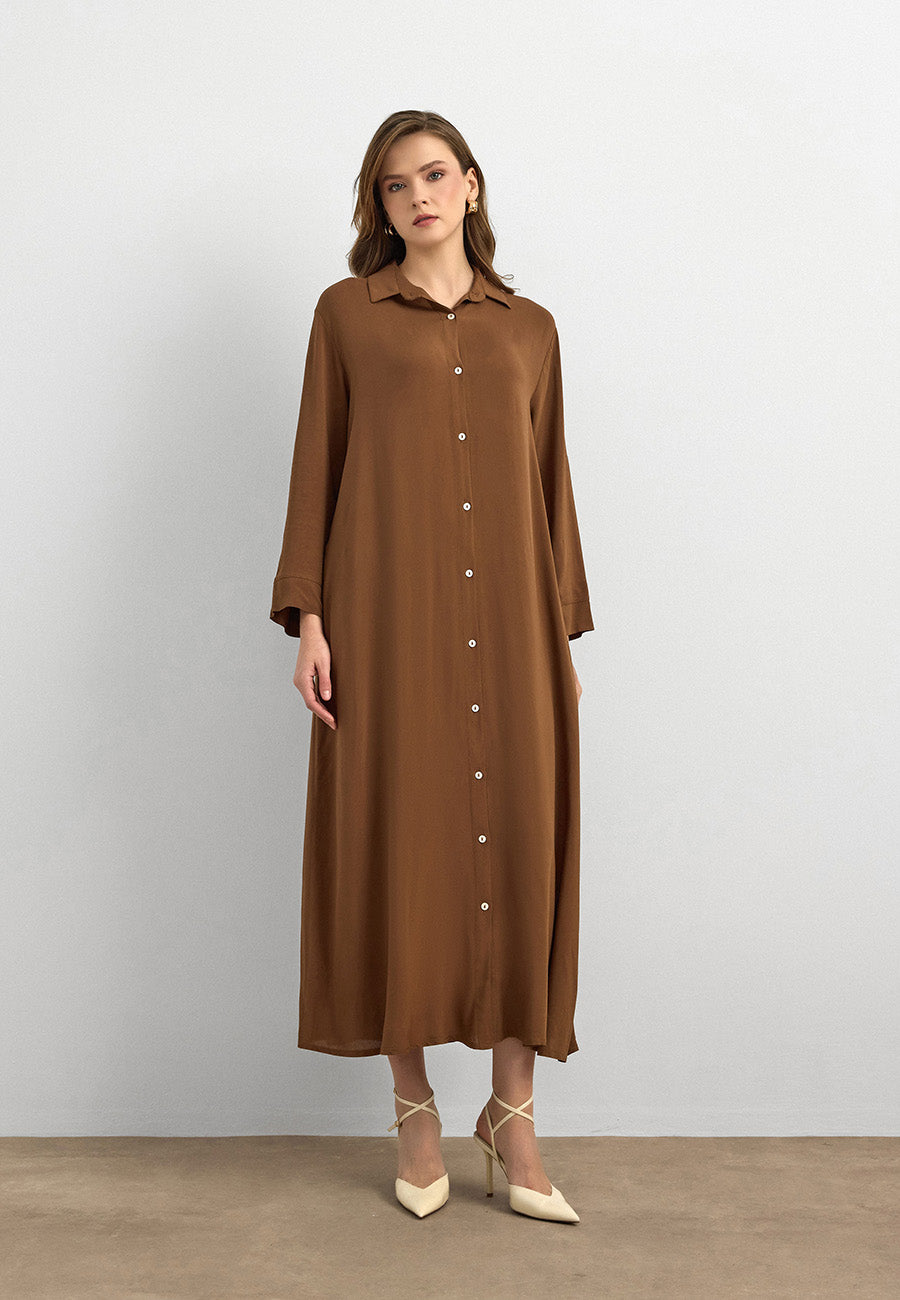 Basic Uzun Düğmeli Gömlek Elbise Tarçın