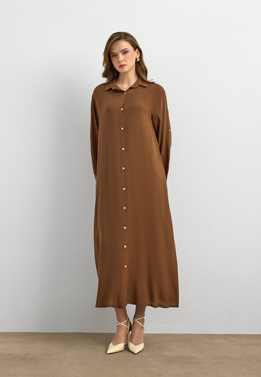 Basic Uzun Düğmeli Gömlek Elbise Tarçın