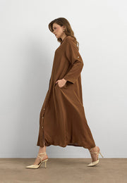 Basic Uzun Düğmeli Gömlek Elbise Tarçın
