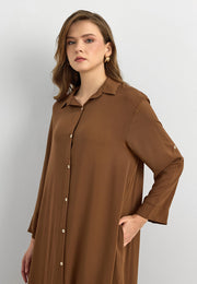 Basic Uzun Düğmeli Gömlek Elbise Tarçın
